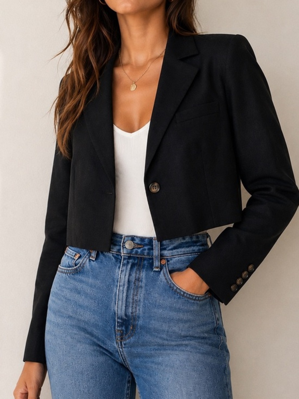 Something Navy Cropped Linen Blend Blazer Black One Button Lightweight Size S